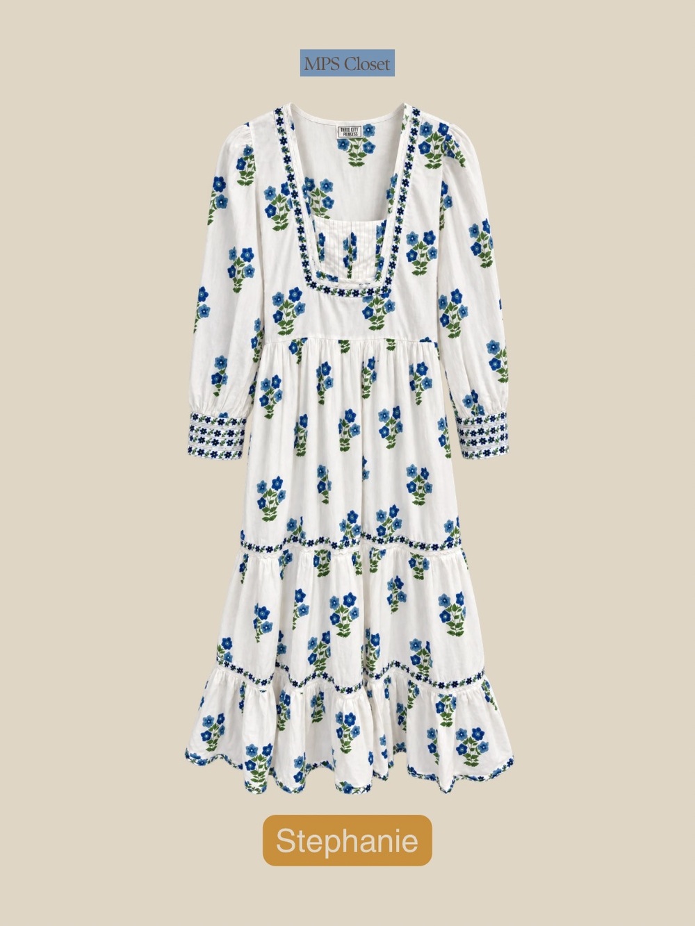 Azure Patchwork White Long Sleeve Alicia dress by Pink City Prints